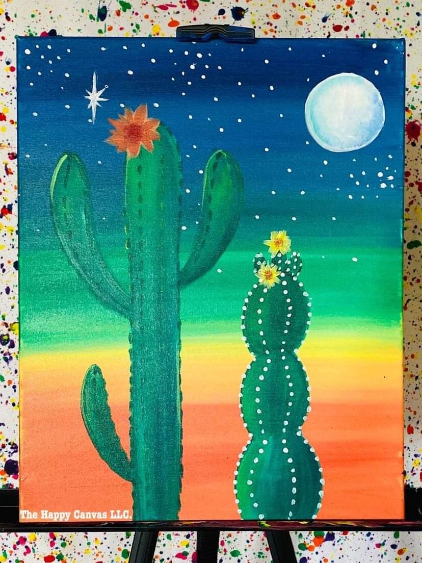Desert Cactus at Night Canvas Painting