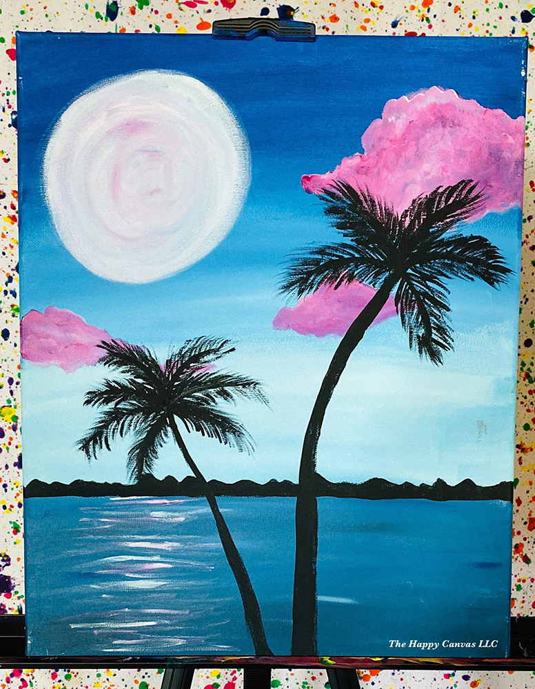 Pink Moonlight with palm tree Canvas Painting