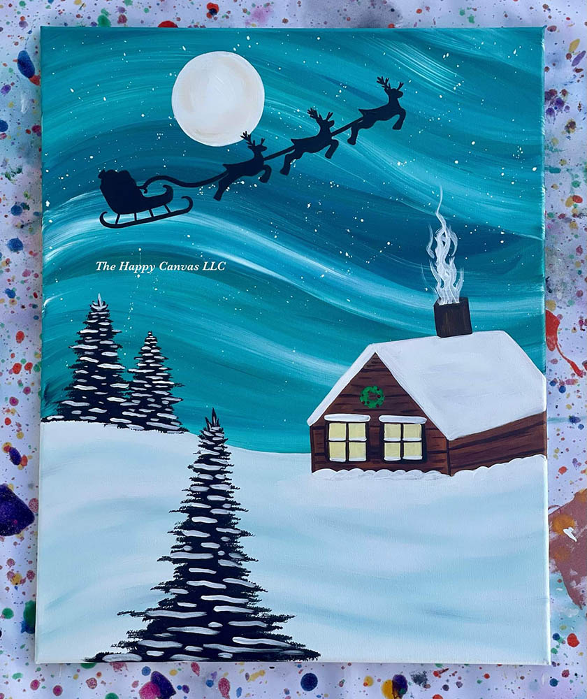 santa sleigh over cabin